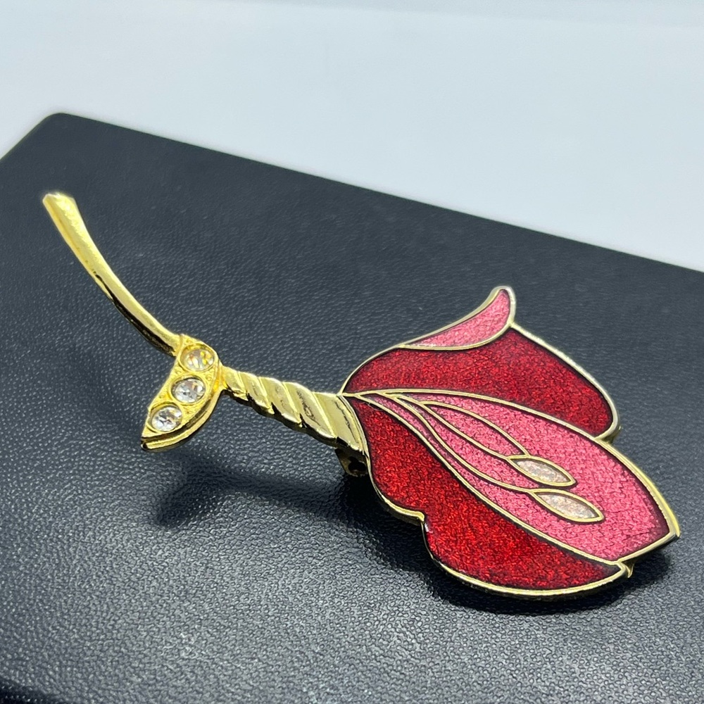 Vintage gold tone red and pink enamel flower brooch pin signed FISH